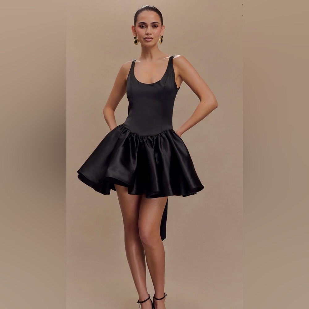 NWT Meshki Black Satin Mini Bow Dress